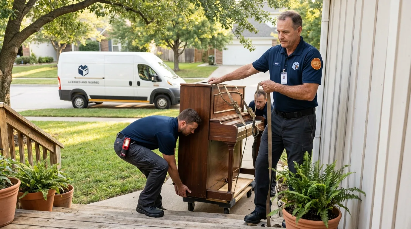 Licensed piano movers securing grand piano in Avon, NY