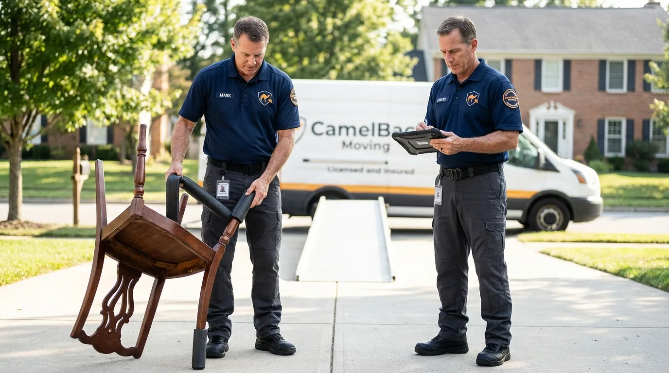 Movers inspecting furniture for damage prevention before loading in Avon, NY