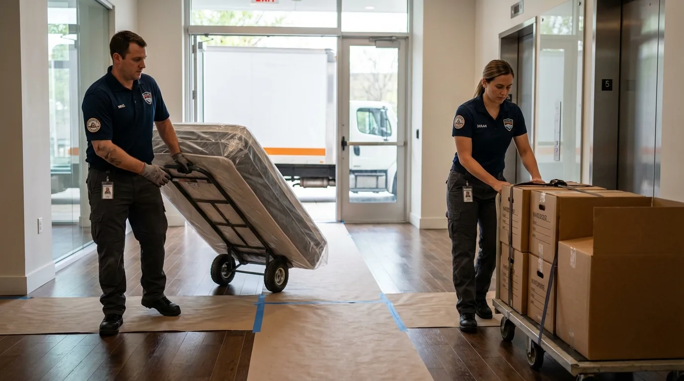 Professional apartment movers loading elevator in Avon, NY